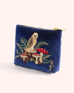 POWDER EMBROIDERED VEVET MINI POUCH WOODLAND OWL