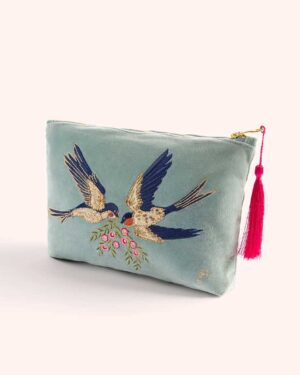 POWDER VELVET ZIP POUCH SWOOPING SWALLOWS