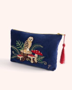 POWDER VELVET ZIP POUCH WOODLAND OWL
