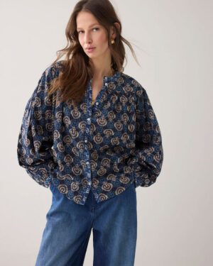SUMMUM WOMAN PRINT BLOUSE WITH BAT SLEEVES BLUE