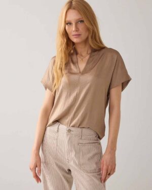 SUMMUM WOMAN SHINY V-NECK TOP KHAKI