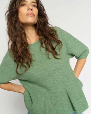 MOS MOSH O-NECK FRILL SHORT SLEEVE KNIT TURF GREEN