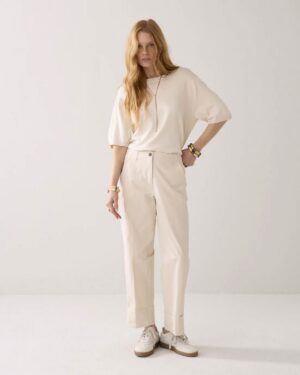 SUMMUM WOMAN STRAIGHT-LEG COTTON BLEND TROUSERS IVORY