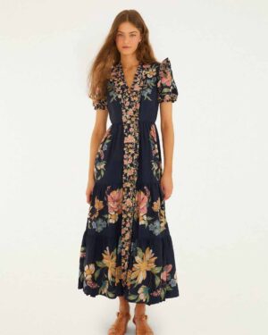 FARM RIO MAIRA FLORAL SHORT SLEEVE MAXI DRESS DARK BLUE
