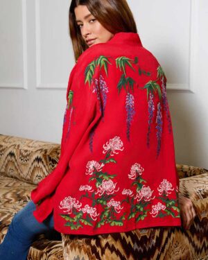 ARTEMIS MUSE EMBROIDERED SHORT KIMONO WISTERIA+PEONY RED