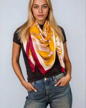ARTEMIS MUSE SILK SCARF REGAL DOVES + LIONS MUSTARD
