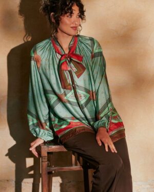 ONE HUNDRED STARS PUSSYBOW BLOUSE FLEUR DE LYS AQUA