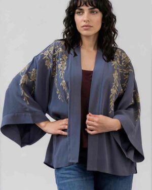 ARTEMIS MUSE KIMONO EMBROIDERD JAPANES BLOSSOMS BLUE AND CHAMPAGNE